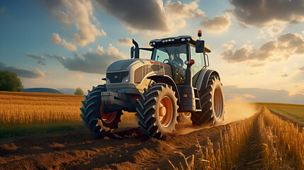 Fototapeta premium Tractor on field during agricultural harvest of grain with agricultural machinery, Farmer | Generative AI