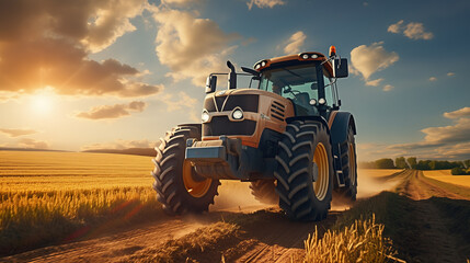 Obraz premium Tractor on field during agricultural harvest of grain with agricultural machinery, Farmer | Generative AI