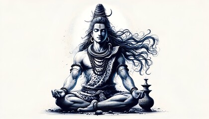 Hand drawn style image of a serene and meditative figure of lord shiva.