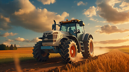 Fototapeta premium Tractor on field during agricultural harvest of grain with agricultural machinery, Farmer | Generative AI