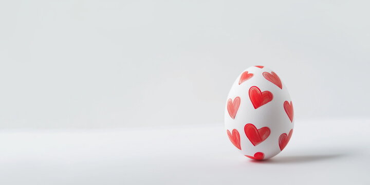 One easter egg with hand painted red heart pattern on a white background with copy space for text. White egg with red hearts. Happy Easter concept. Horizontal banner, poster