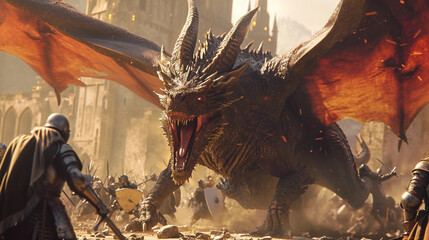 dragon in battle with knights, realistic medieval armor and weapons, dynamic action