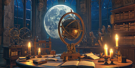 group of medieval scholars studying the heavens, with a large, intricate armillary sphere in the center, surrounded by detailed manuscripts and tools of astrology, under the enchanting light of a full