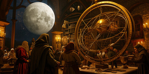 group of medieval scholars studying the heavens, with a large, intricate armillary sphere in the center, surrounded by detailed manuscripts and tools of astrology, under the enchanting light of a full