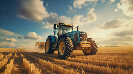 Tractor on field during agricultural harvest of grain with agricultural machinery, Farmer | Generative AI