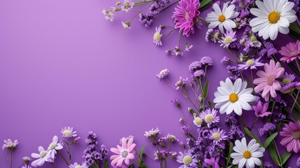 Minimalistic Emotional White and Purple Flowers on Purple Paper Background with Copyspace AI...