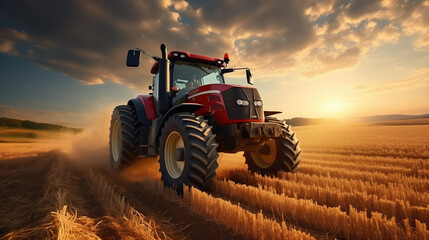 Fototapeta premium Tractor on field during agricultural harvest of grain with agricultural machinery, Farmer | Generative AI