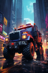 a monster truck with huge tires on the street truck wallpaper	 - obrazy, fototapety, plakaty