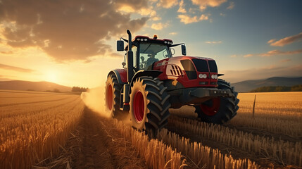 Fototapeta premium Tractor on field during agricultural harvest of grain with agricultural machinery, Farmer | Generative AI