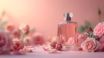 Minimalistic Emotional Beauty Banner with Women's Perfume Bottle, Roses, Flowers, Buds, and Petals AI Generated