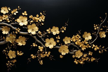 a depiction of golden blossoms on a black backdrop. Generative AI