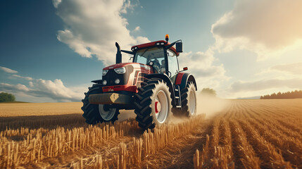 Fototapeta premium Tractor on field during agricultural harvest of grain with agricultural machinery, Farmer | Generative AI