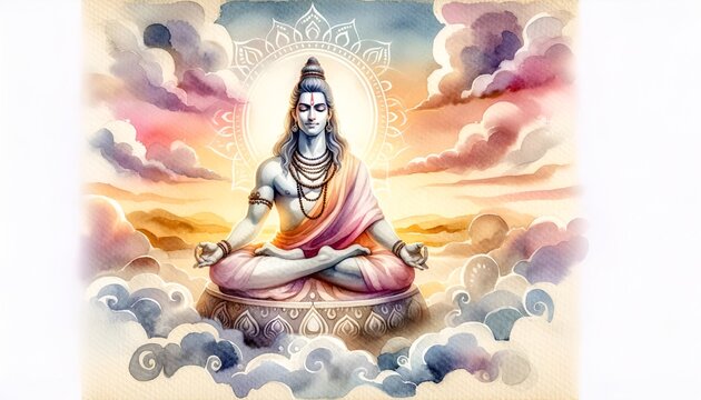 Watercolor painting of a meditating shiva.