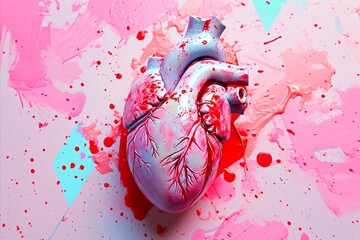 a detailed anatomic heart with blood drops on pink minimal background