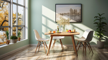 A charming modern dining room with Scandinavian flair, featuring two mint-colored chairs surrounding a round wooden table. 