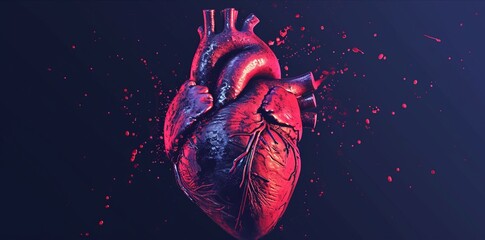 pop art style , anatomic  red heart on dark background, banner wallpaper valentine  concept - obrazy, fototapety, plakaty