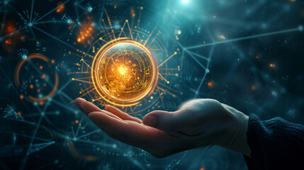 astrologer's hand holding a glowing celestial orb, with a backdrop of a star chart and various...