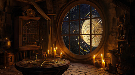 mystical astrologer's chamber, lit by candlelight, with an ornate brass astrolabe, ancient star maps on the walls, and a window looking out to a beautifully detailed constellation, evoking a sense of 