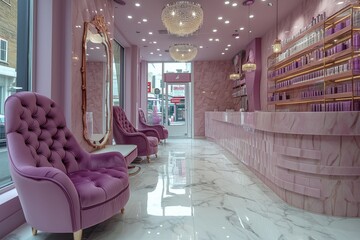 Luxury lobby reception in beauty salon pink interior, comfortable chairs, marble floor