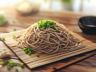 cold soba noodles on a bamboo mat, served with dipping sauce, sliced green onions, wasabi on the...