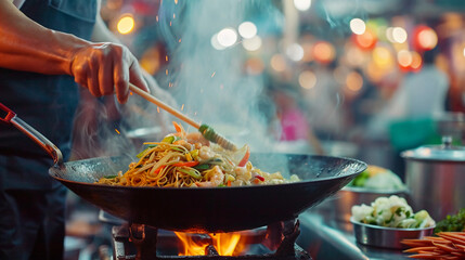 street food vendor preparing stir-fried noodles in a wok, with vibrant vegetables and shrimp, flames visible, busy night market background