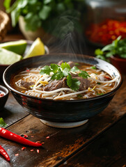 Vietnamese Pho, thin rice noodles in a flavorful beef broth, garnished with fresh herbs, bean sprouts, lime wedges, steam rising, natural light in a cozy noodle house setting