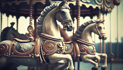 Old fashion carousel with horses. Vintage style illustration. AI generated.