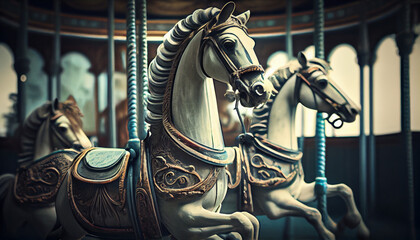 Old fashion carousel with horses. Vintage style illustration. AI generated. - obrazy, fototapety, plakaty