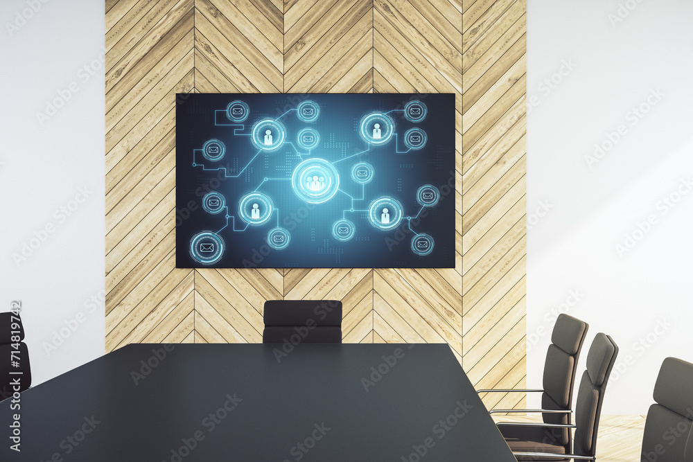 Aufkleber social network media concept on tv display in a modern presentation room. 3d rendering