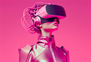 Futuristic stylishly dressed young woman in virtual reality glasses, colored background, mock-up. AI generated.