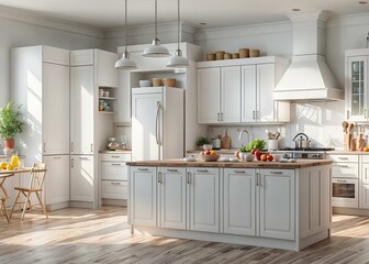 Kitchens with white cabinet and white refrigerator, old kitchen background at an angle, kitchen background, clear detailed 3D rendering