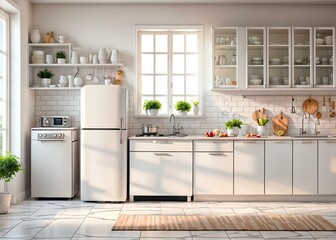Kitchens with white cabinet and white refrigerator, old kitchen background at an angle, kitchen background, clear detailed 3D rendering