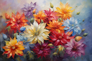 Multicolored floral oil painting on canvas