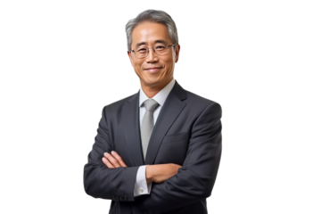 Asian middle-aged business man smiling in suit, crossed arms isolated on a transparent background.