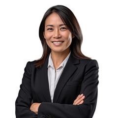 Asian middle-aged business woman smiling in suit, crossed arms isolated on a transparent background.