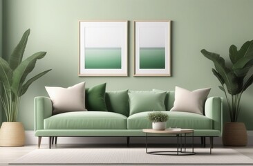 Frames mockup, couch and frames mockup, modern living room photo mockup, picture frame template.Pastel green beige colors