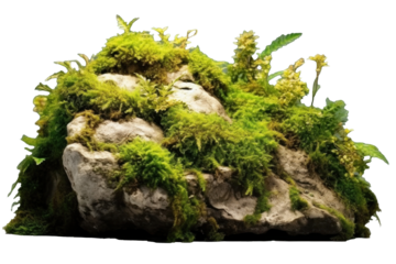 Beautiful of Large rocks with overgrown foliage and moss, plants and foliage around isolated on a transparent background.