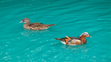 Colorful Male and Female Mandarin Duck are swimming in pond.