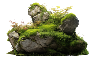 Beautiful of Large rocks with overgrown foliage and moss, plants and foliage around isolated on a transparent background.