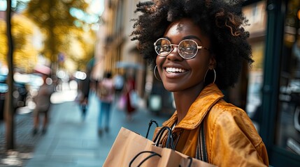 Portrait of an excited young african woman hand holding shopping bag - obrazy, fototapety, plakaty