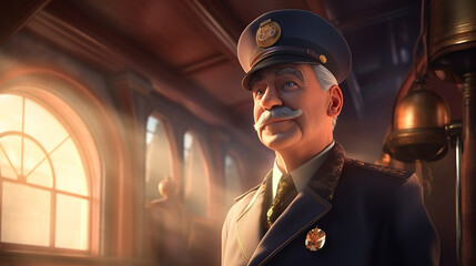 a character of nostalgic steam train conductor. - obrazy, fototapety, plakaty