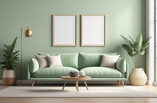Frames mockup, couch and frames mockup, modern living room photo mockup, picture frame template.Pastel green beige colors