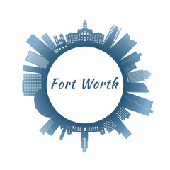 Fort Worth skyline with colorful buildings. Circular style. Stock vector illustration.