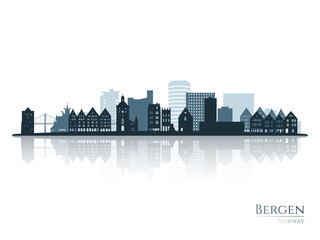 Naklejka premium Bergen skyline silhouette with reflection. Landscape Bergen, Norway. Vector illustration.