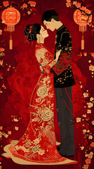 the joy of marriage in red background with Chinese paper-cut painting style 