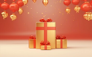 red gift box with ribbon commemorating chines day with generative ai