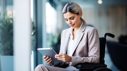 Fototapeta premium Beautiful businesswoman in a wheelchair is talking on a tablet in office. Social issues of the disabled. Generative AI