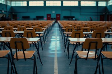 Exam invigilator monitoring a large examination hall, vigilance, fair testing environment, academic integrity, rule enforcement, Generative Ai 