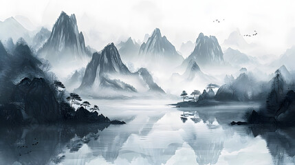 Fototapeta na wymiar Chinese ink painting style of mountains and water, beautiful and quiet scenery 