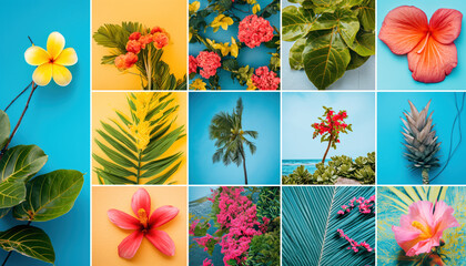Tropical vacation-themed collage of diverse smart tourism activities such as an online booking, a photography portfolio, and a travel blog